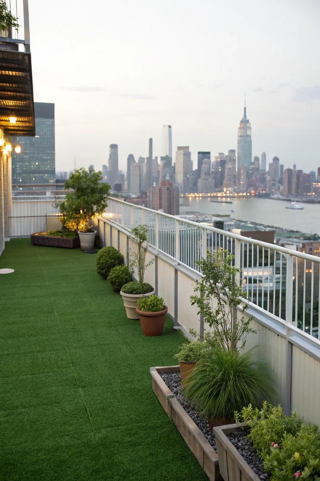 Elevate your urban living with a rooftop green space using artificial grass.