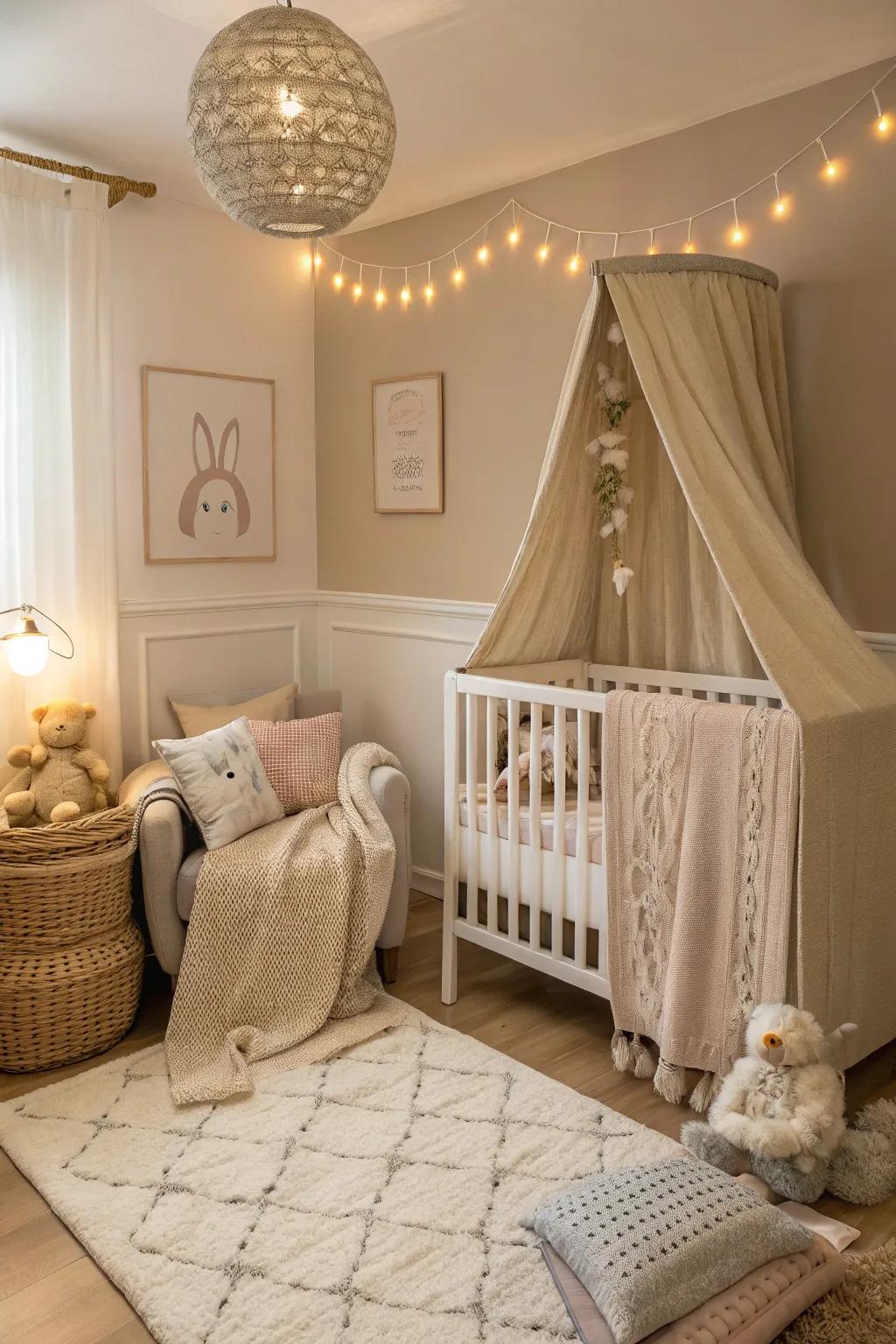 Neutral tones help create a serene and cohesive nursery nook in any bedroom.