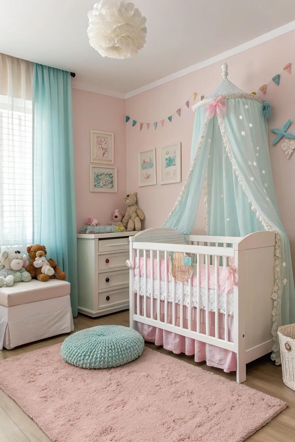 A white crib acts as a timeless centerpiece in this elegant room.