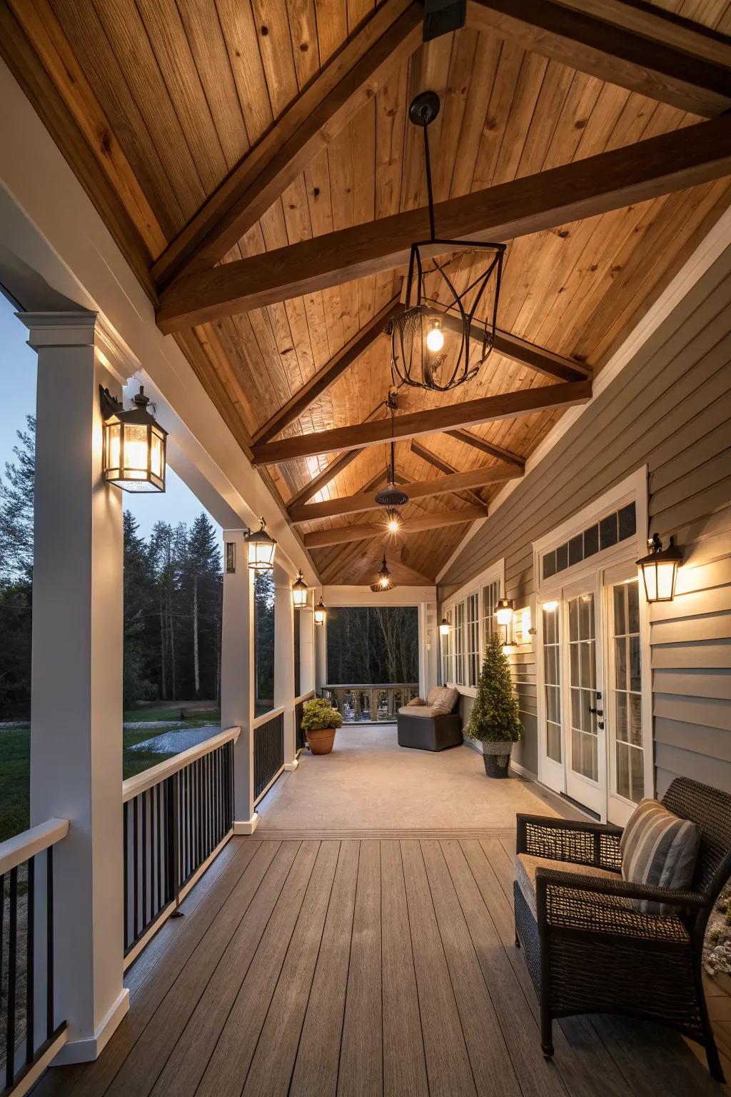 Elevate your porch with a chic wooden ceiling design.