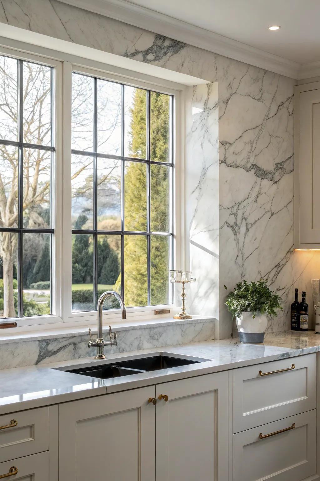 A luxurious marble backsplash wrapping around a kitchen window.