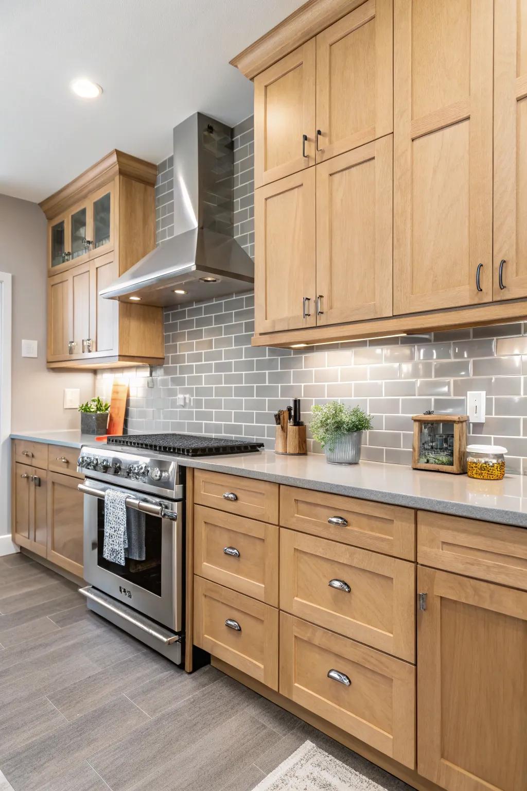 Warm gray tiles create a sophisticated backdrop for maple cabinets.