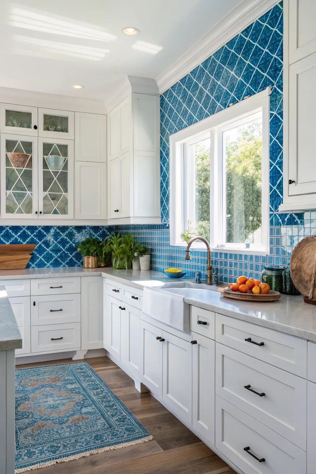 A bold blue backsplash adds a refreshing splash of color