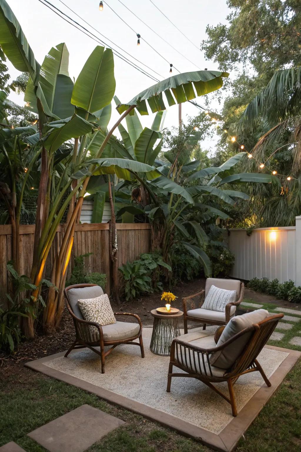 Relax in a secluded seating area surrounded by the lushness of banana trees.