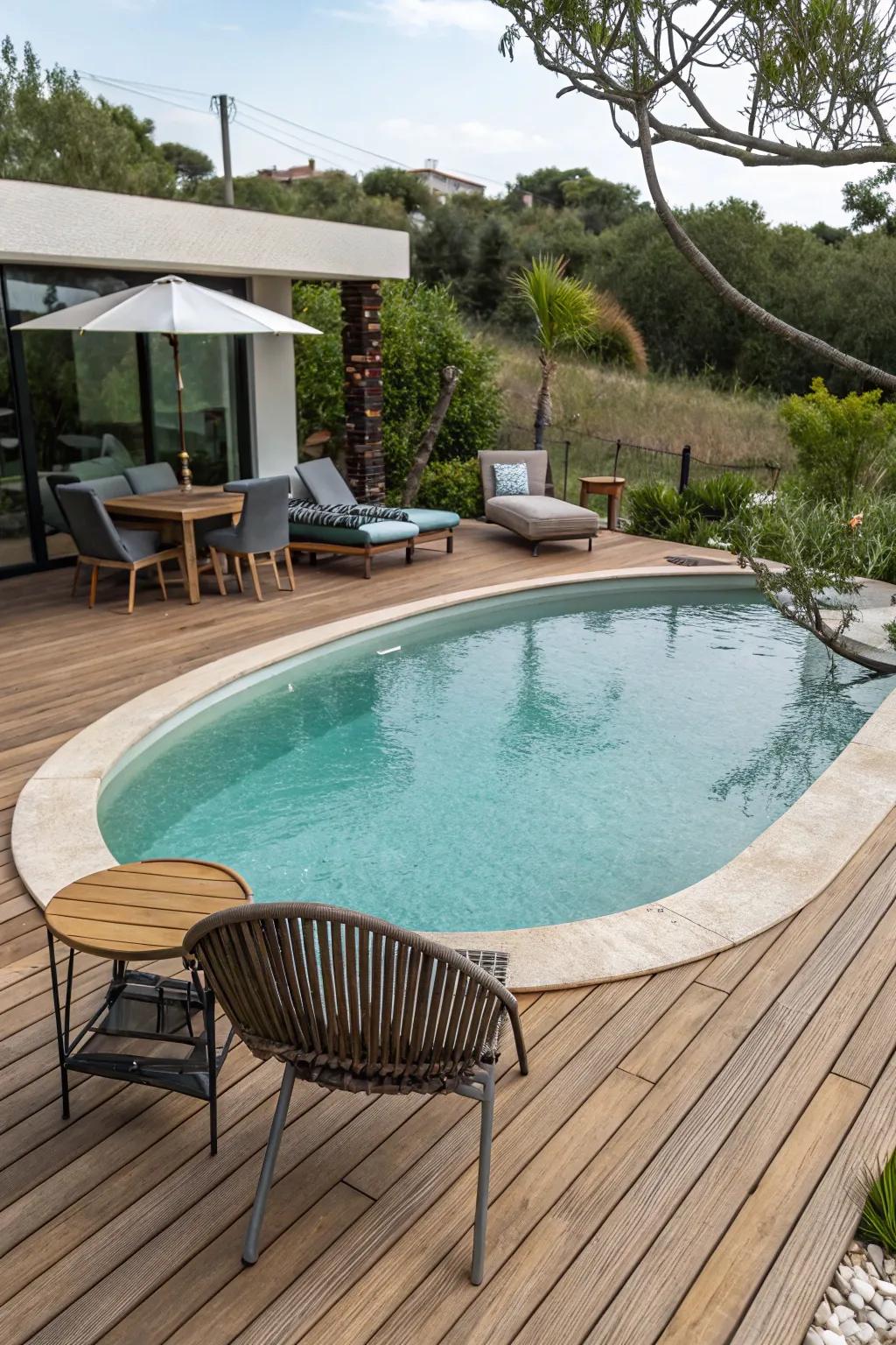 Warm wooden decking enhances the pool's inviting atmosphere.