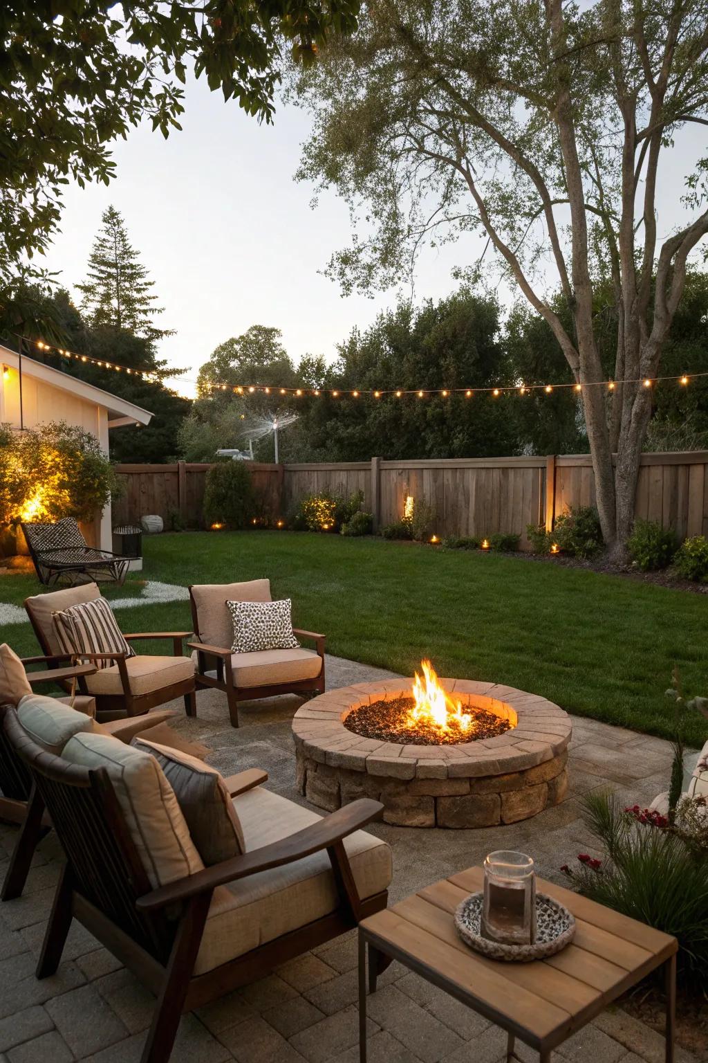 A central fire pit creates a warm gathering spot.