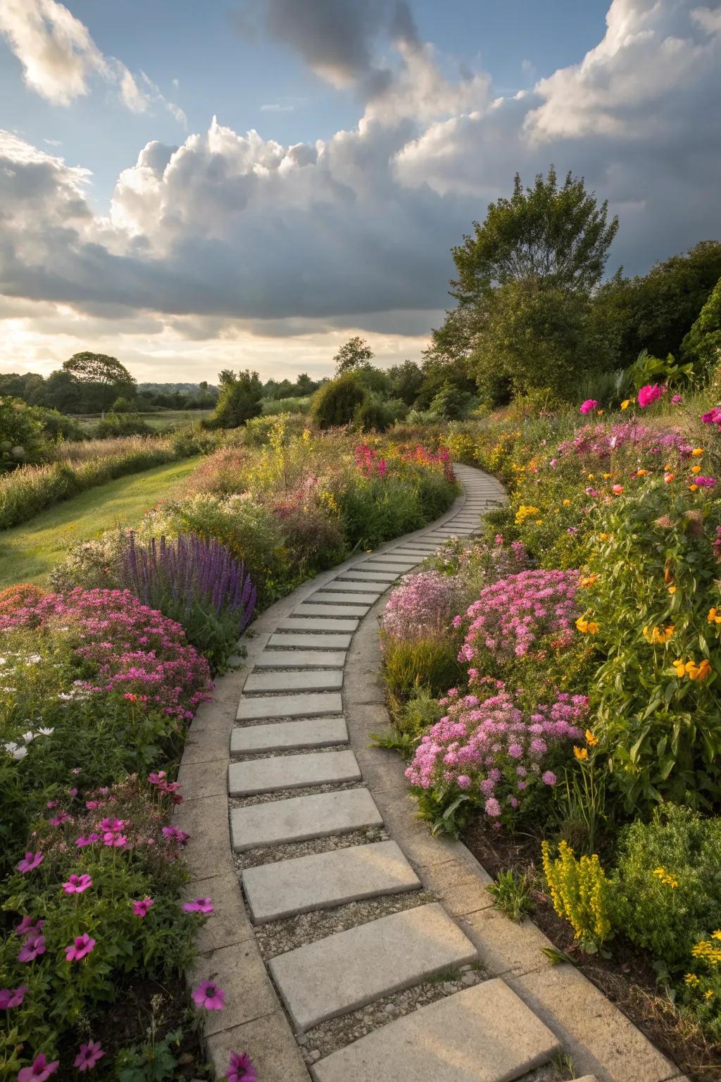 Curved stepping stone pathways add whimsy and intrigue to your garden.