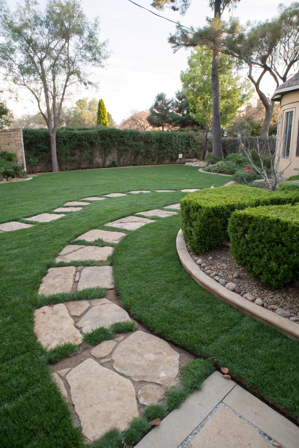 Elegant stone pathways weaving through artificial turf.