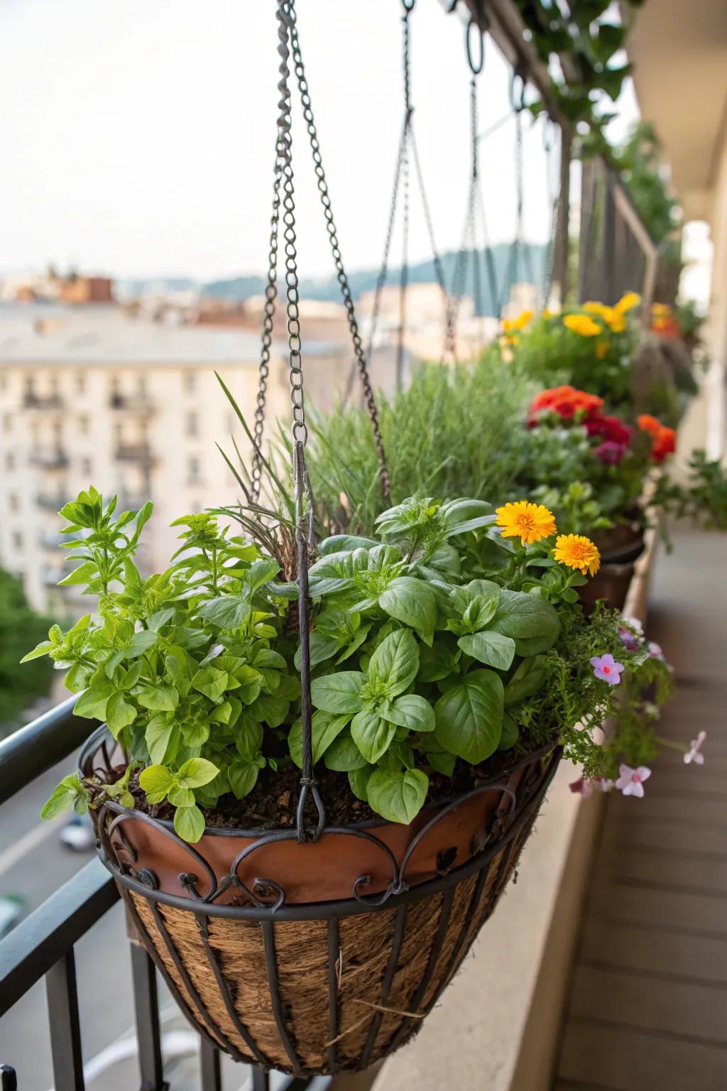 Hanging baskets offer a charming way to grow herbs without taking up floor space.