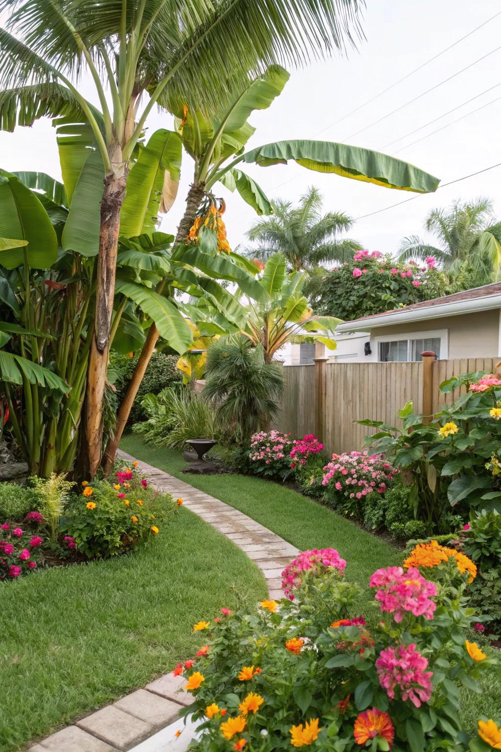 Blend banana trees with bright flowers for a vibrant garden landscape.