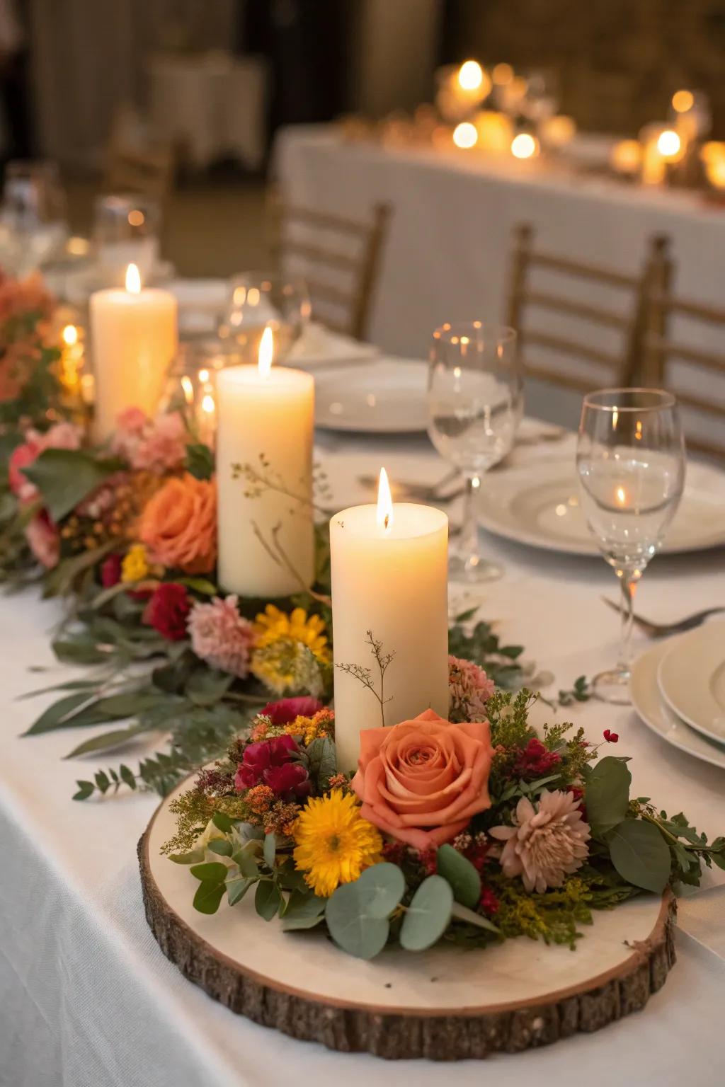 Candles nestled in floral arrangements for a cozy glow.