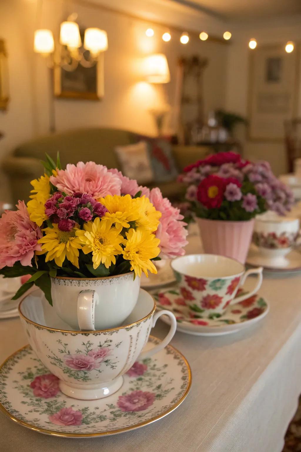 Vintage teacups add an elegant touch to any baptism setting.