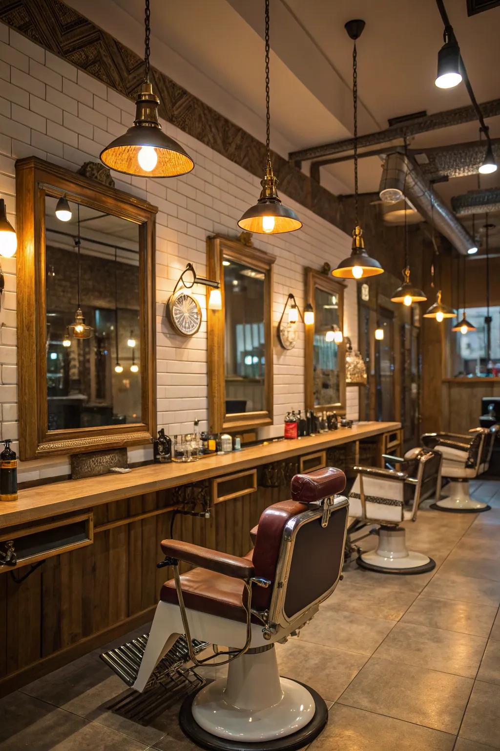 Barbershop enriched with rustic industrial hanging lamps.