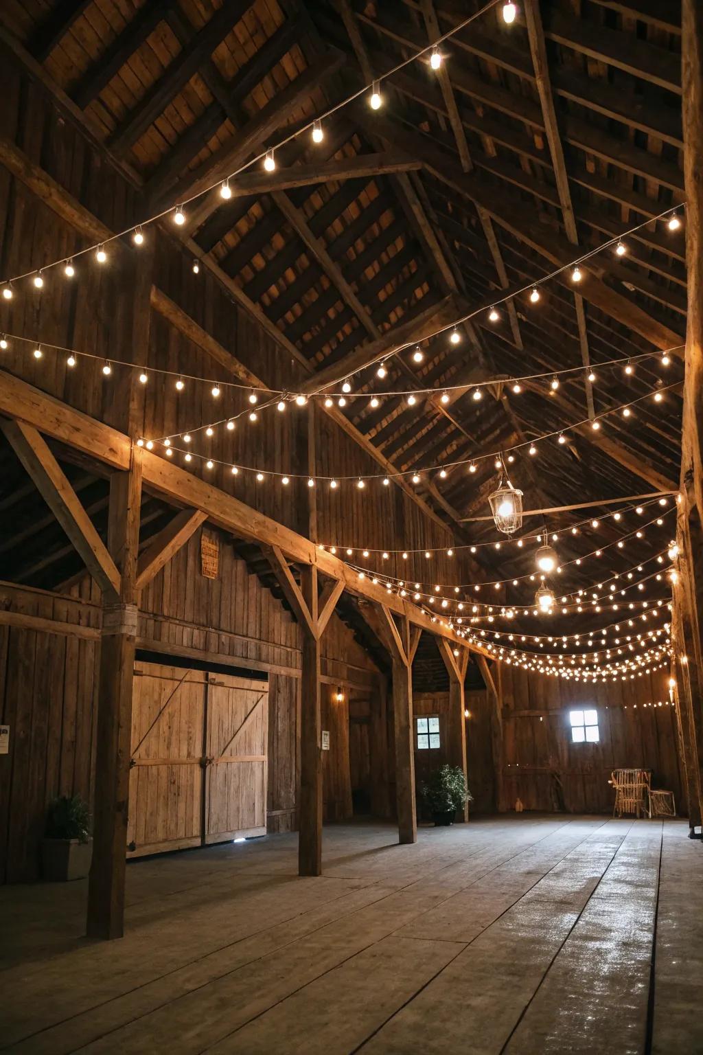 String lights bring a magical glow to the barn dance setting.