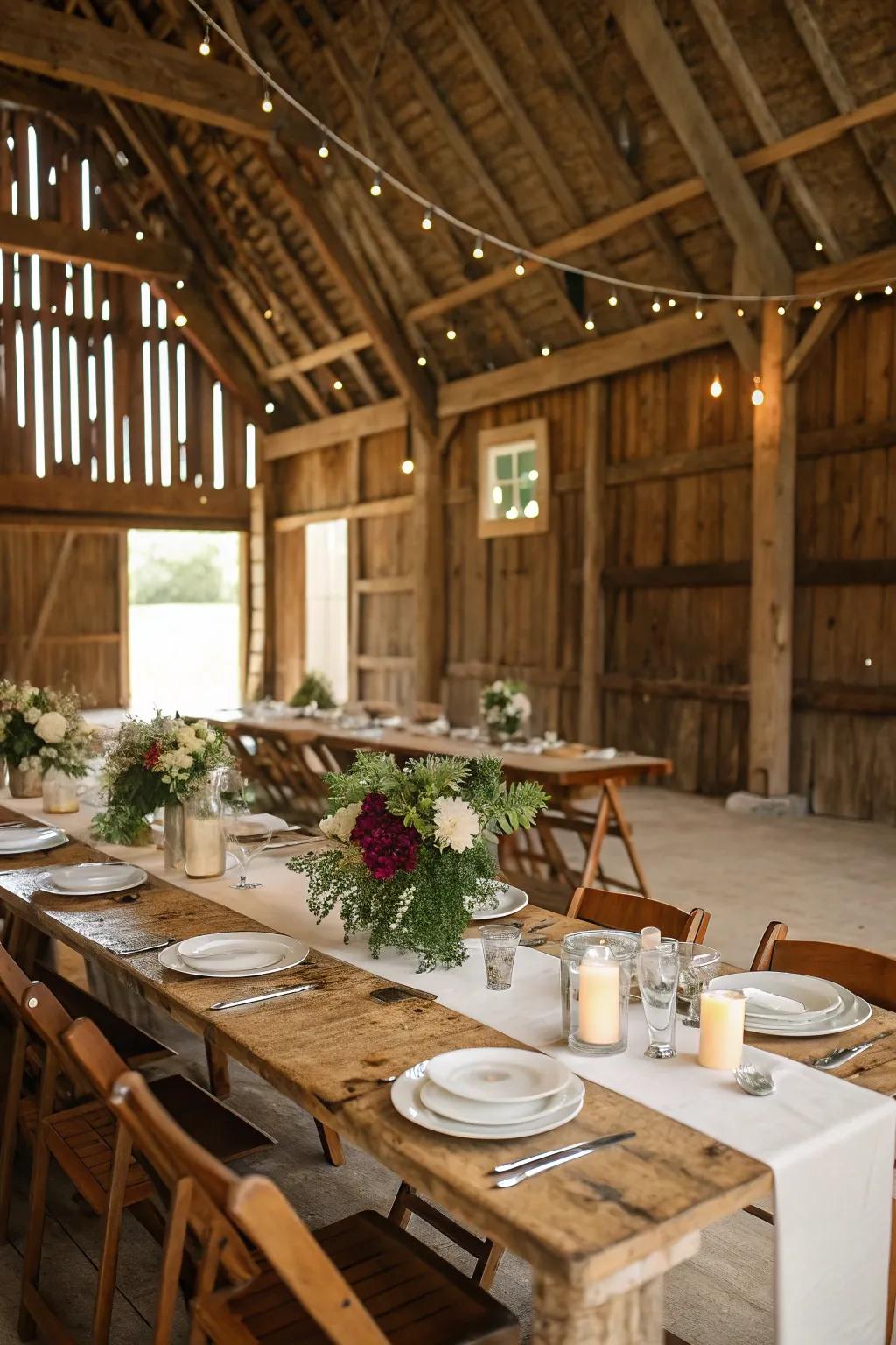 Rustic wooden tables set the stage for barn elegance.