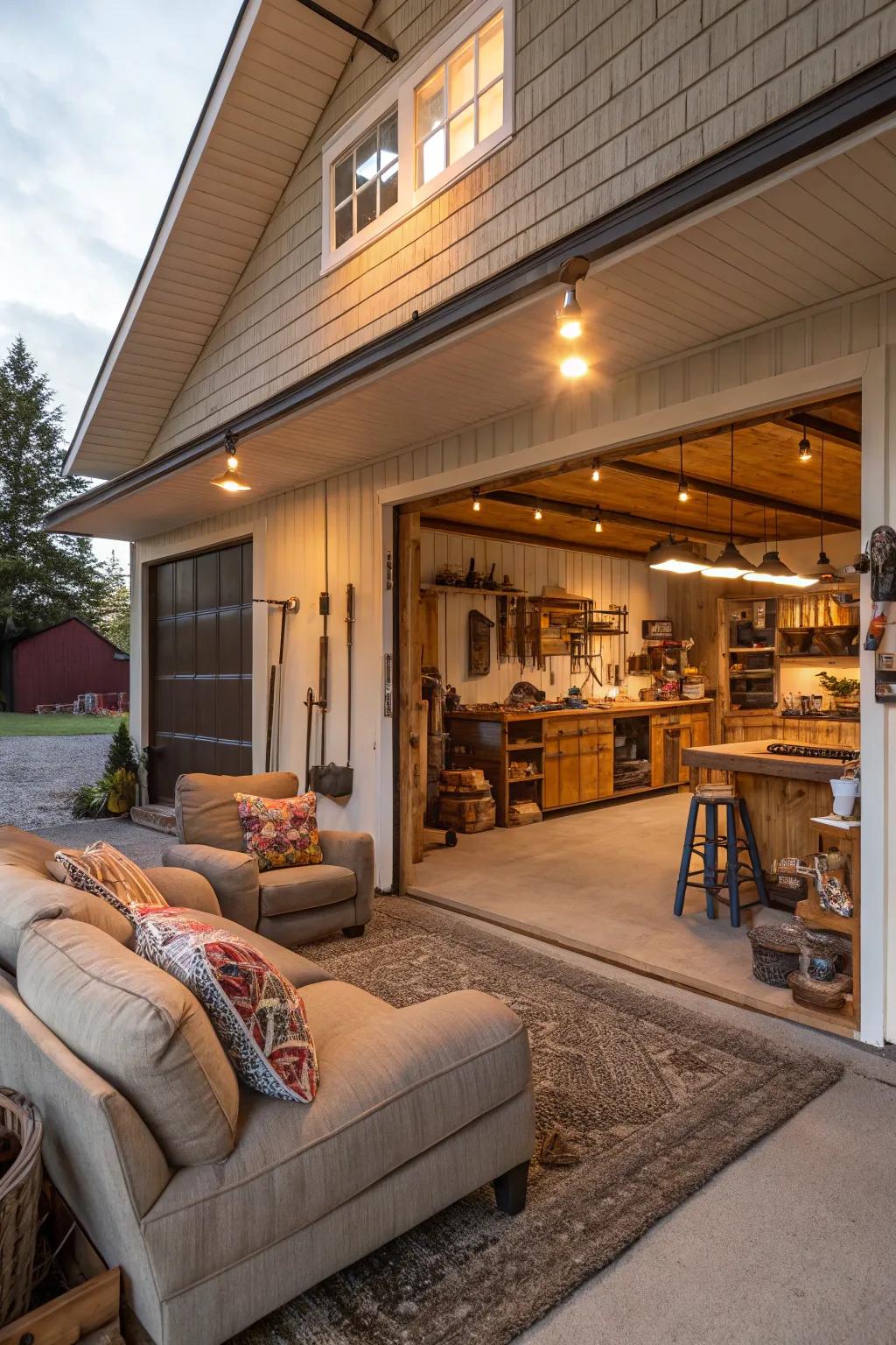 A cozy living area and workshop create a multi-functional barn garage.