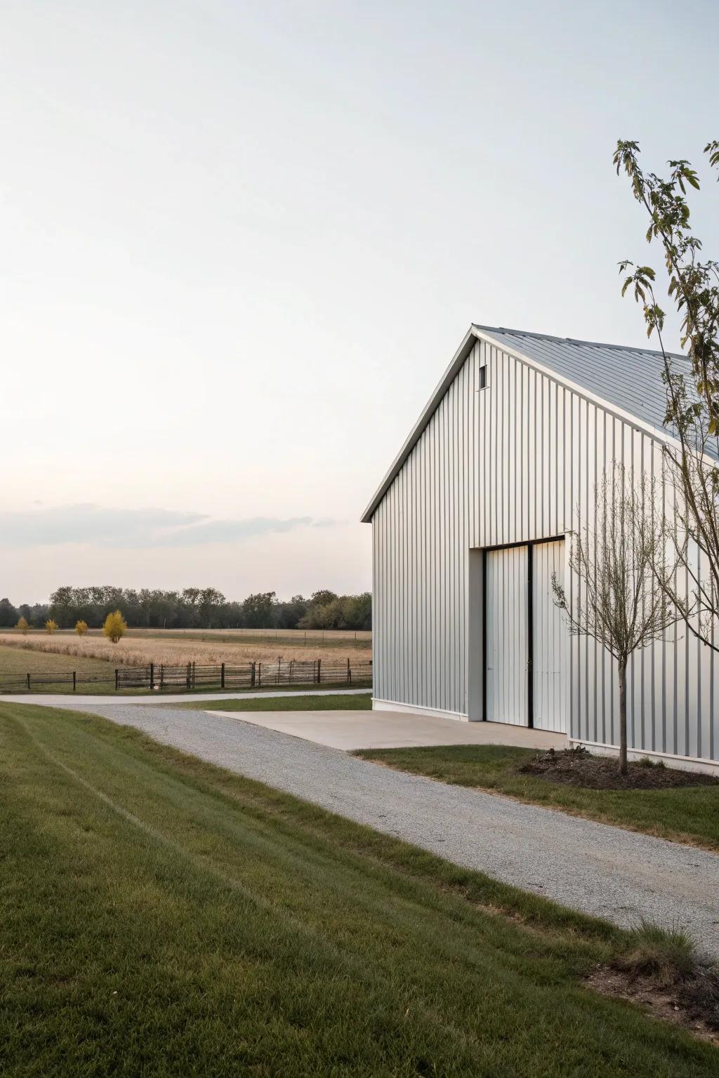 A modern barn with metal panel siding that exudes contemporary elegance.
