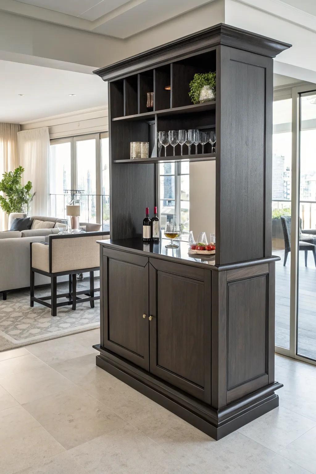 A freestanding bar unit serves as both a functional and decorative element.