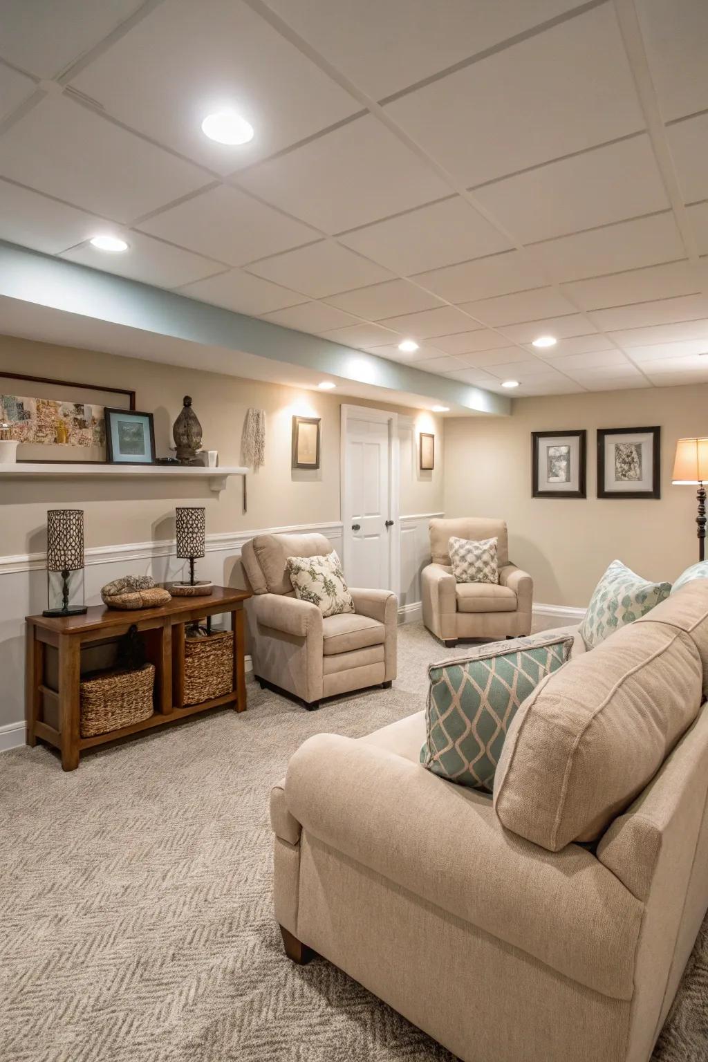 Neutral tones create a serene and open atmosphere in this basement.