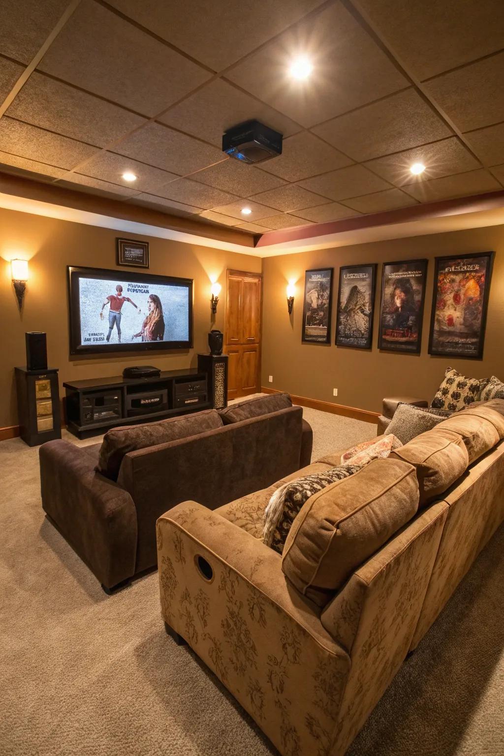 A large flat-screen TV creates a captivating focal point in a media room.