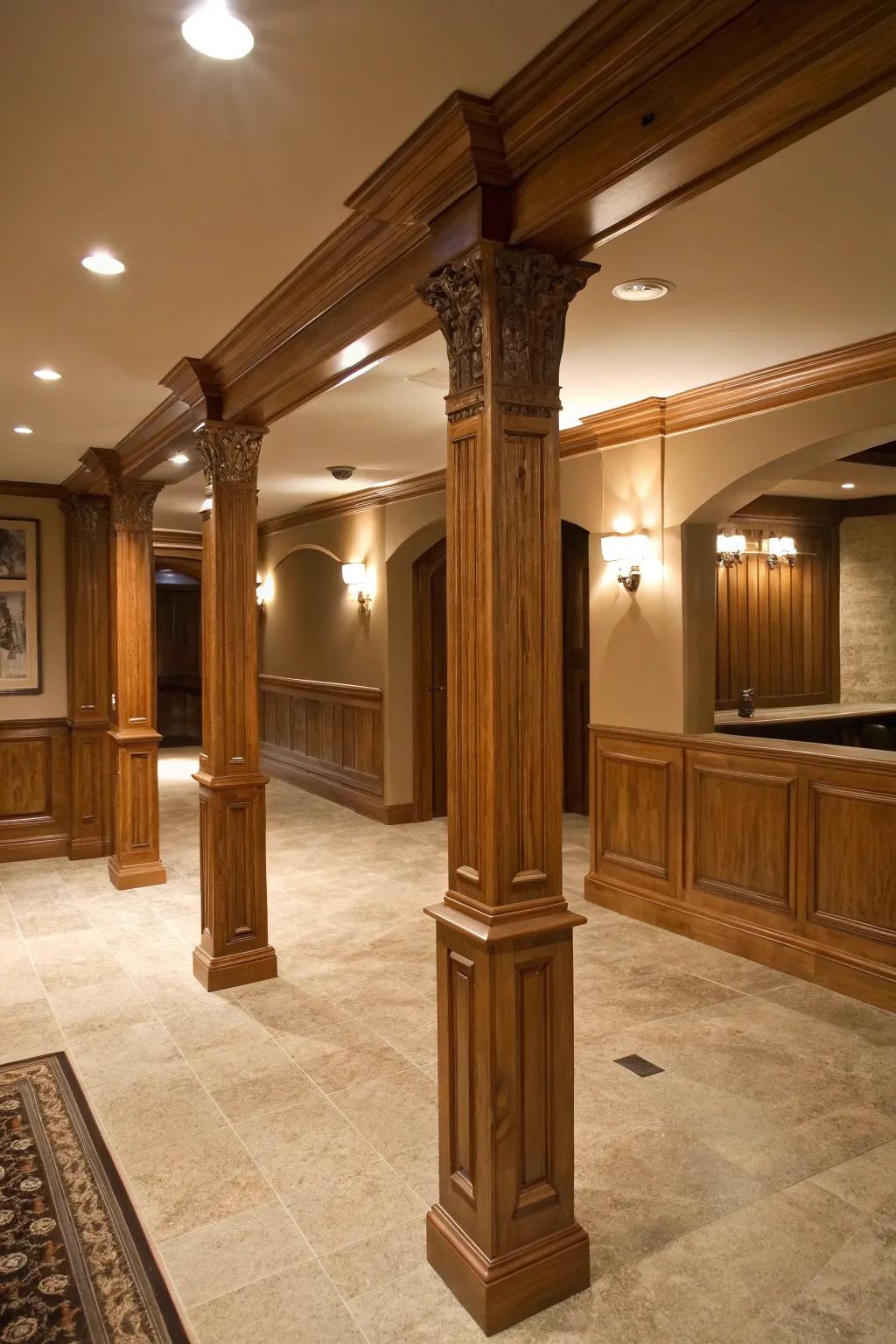 Classic wood trim and molding enhance the look of basement poles.