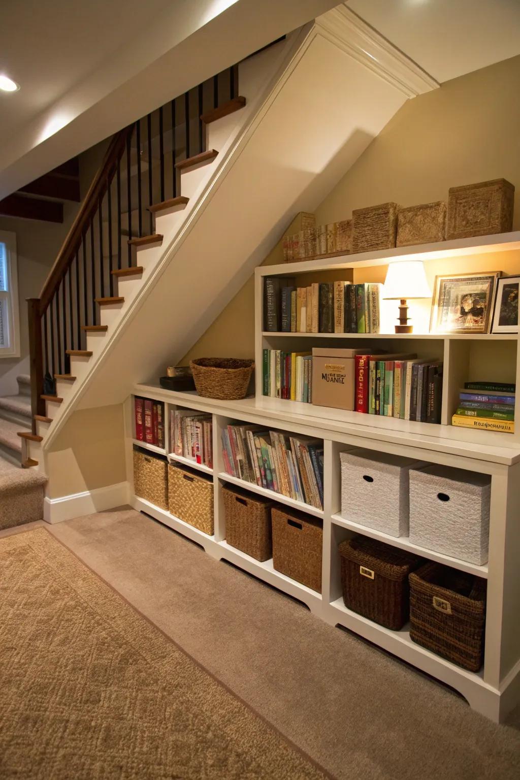 Make the most of under-stair spaces with custom shelving solutions.