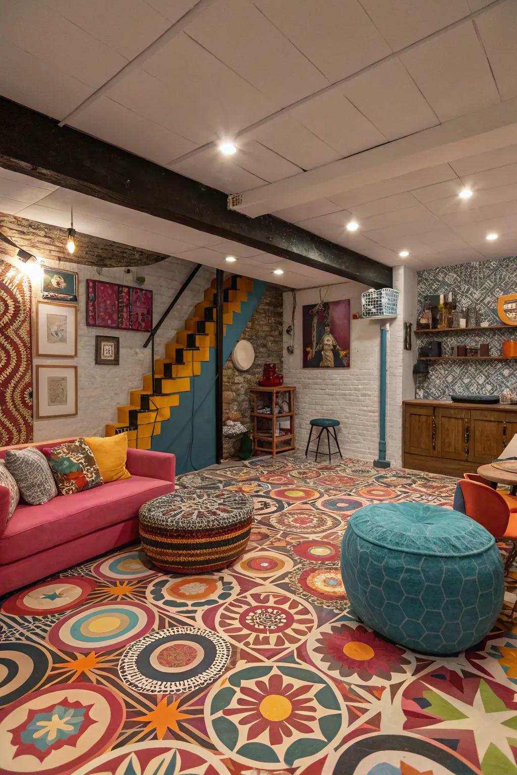 Patterned vinyl flooring adds character to your basement.