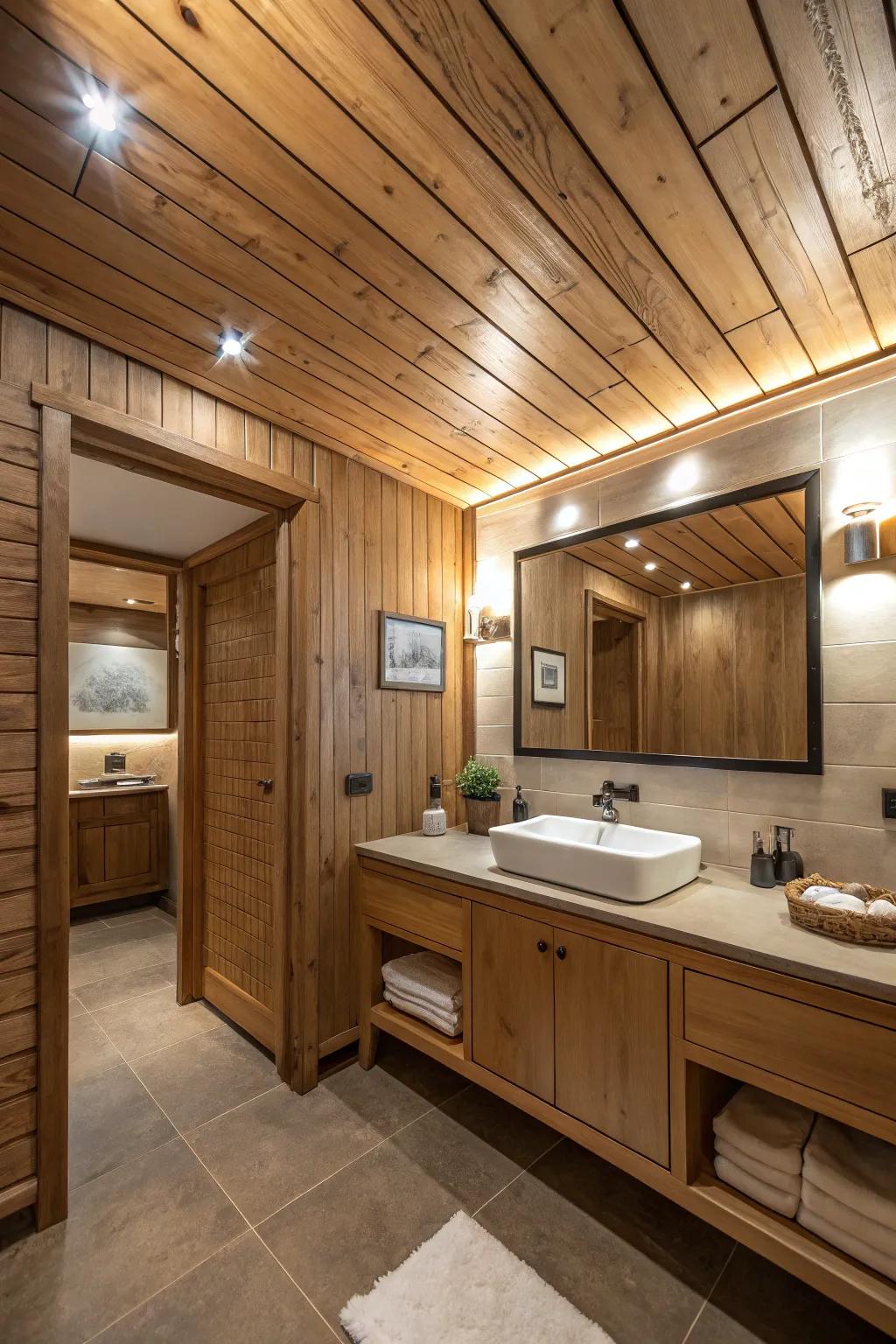 Wood paneling offers a rustic yet refined charm, bringing warmth to your bathroom retreat.