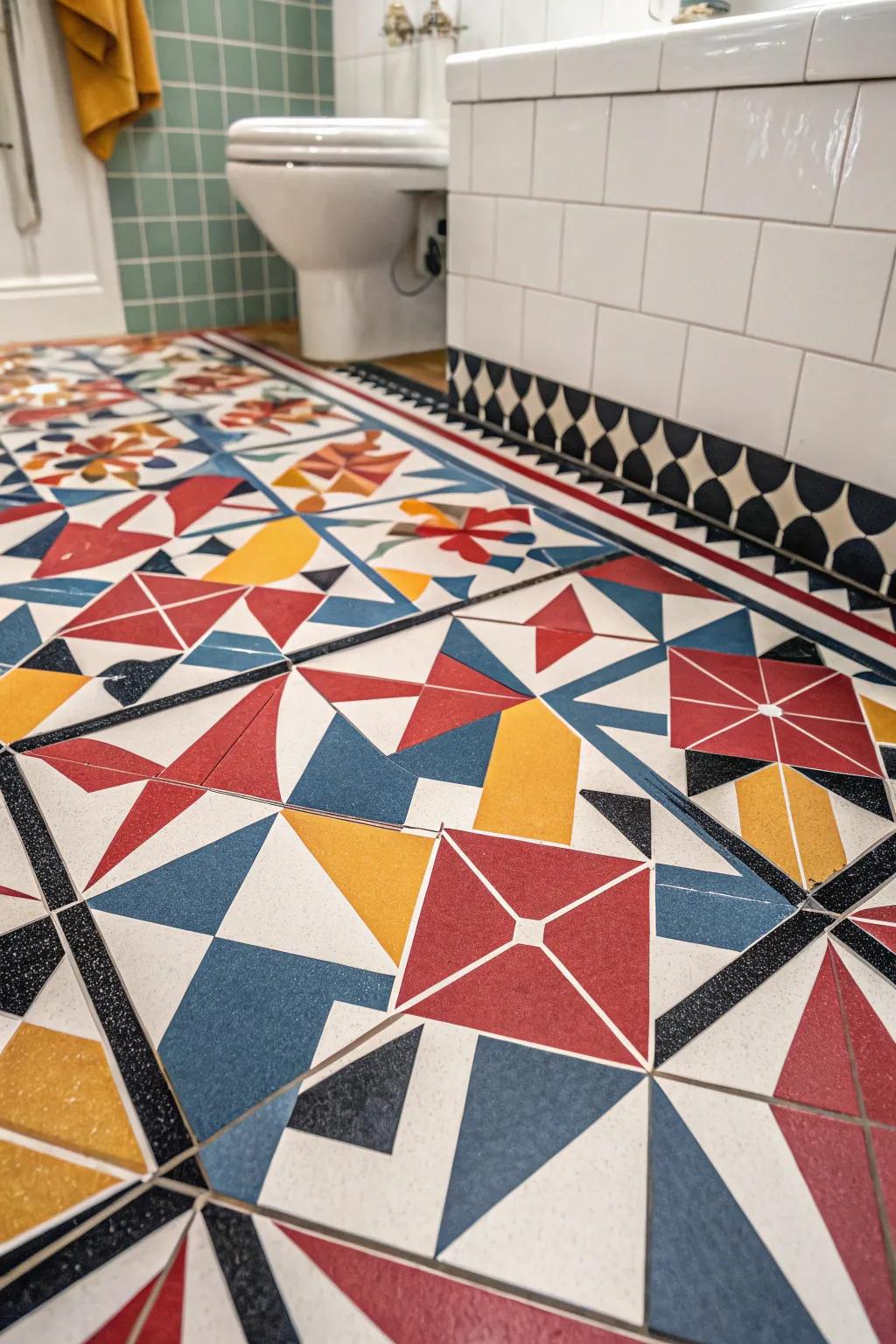 Geometric patterns bring a dynamic touch to your bathroom floor.