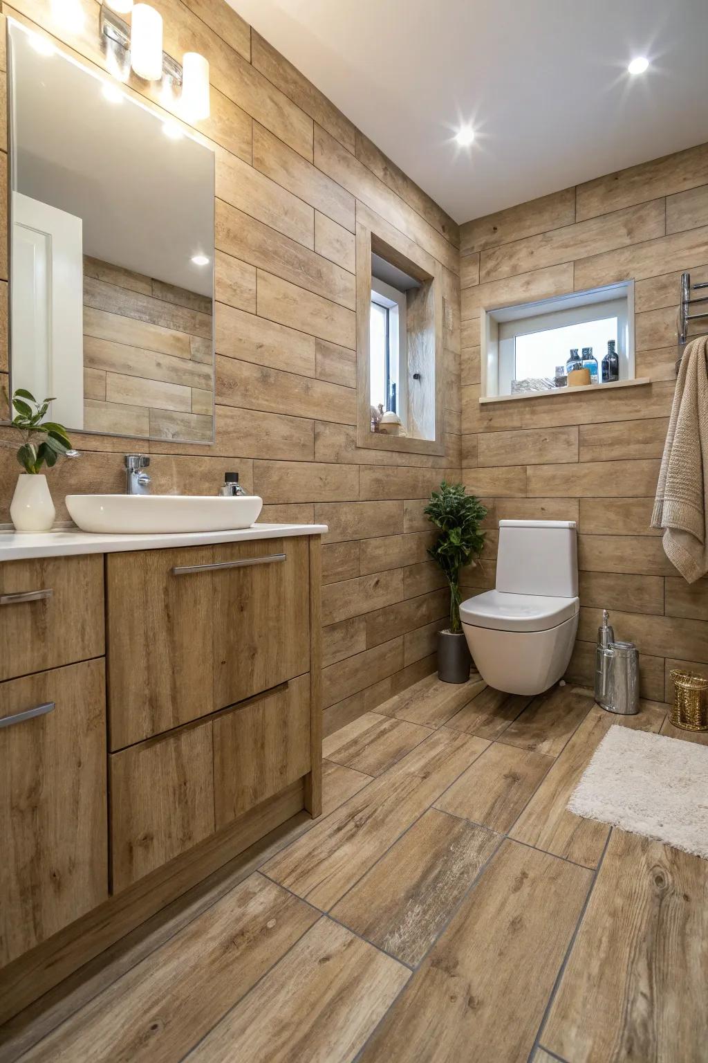 Wood-look tiles combine beauty with practicality in bathrooms.