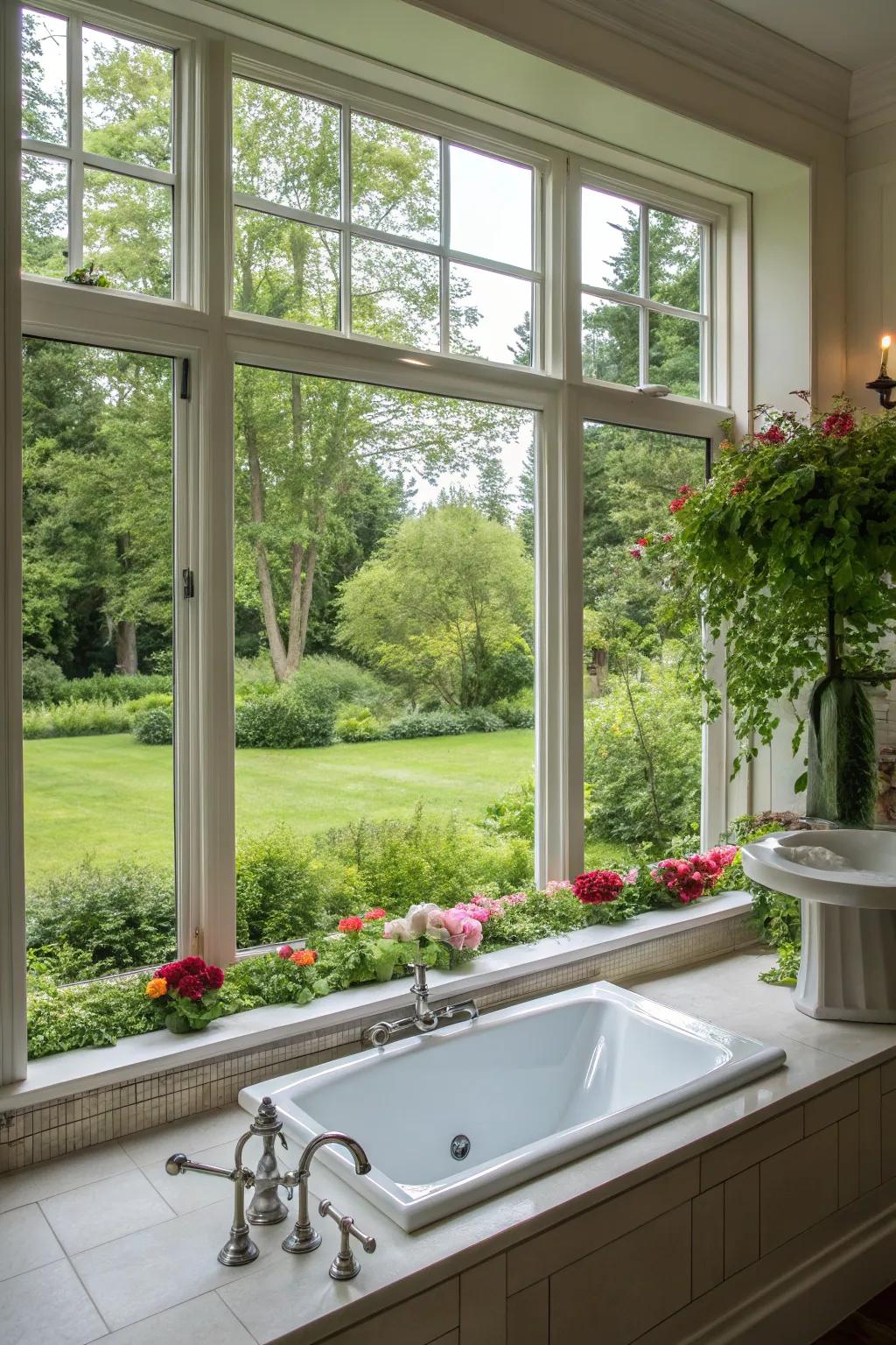 A bathtub positioned by a large window offers a scenic view of the garden.