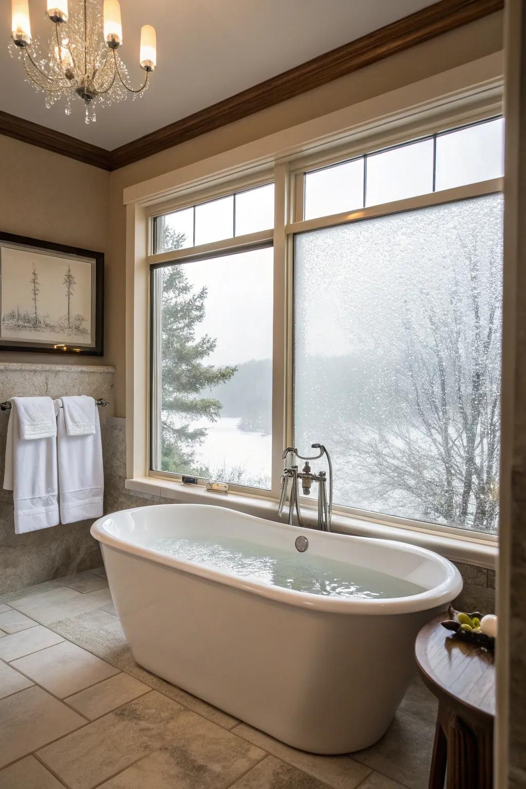 A bathtub paired with frosted glass for privacy and light.