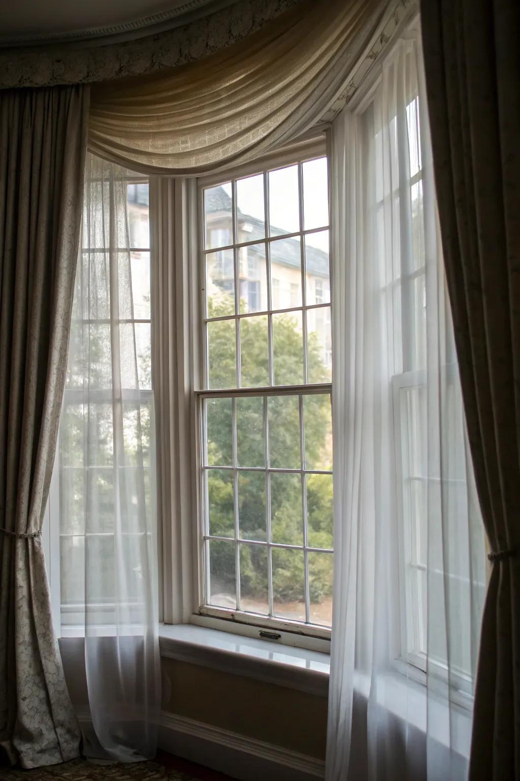 Layered curtains offering depth and versatility for bay windows.