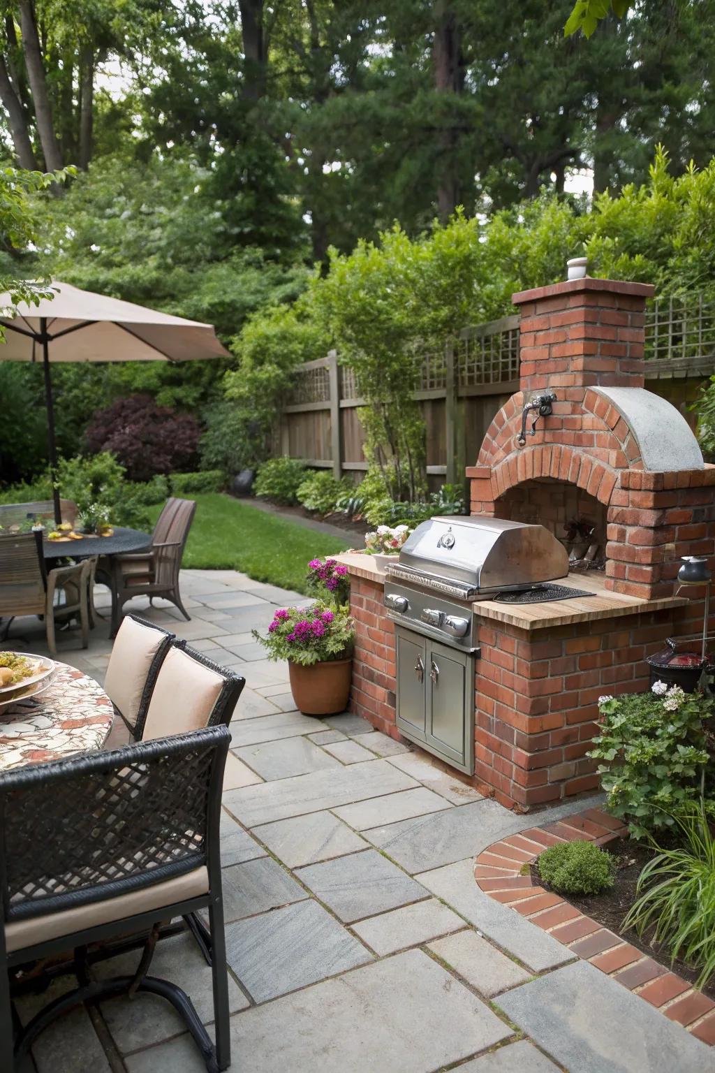 Timeless charm of a built-in brick grill.