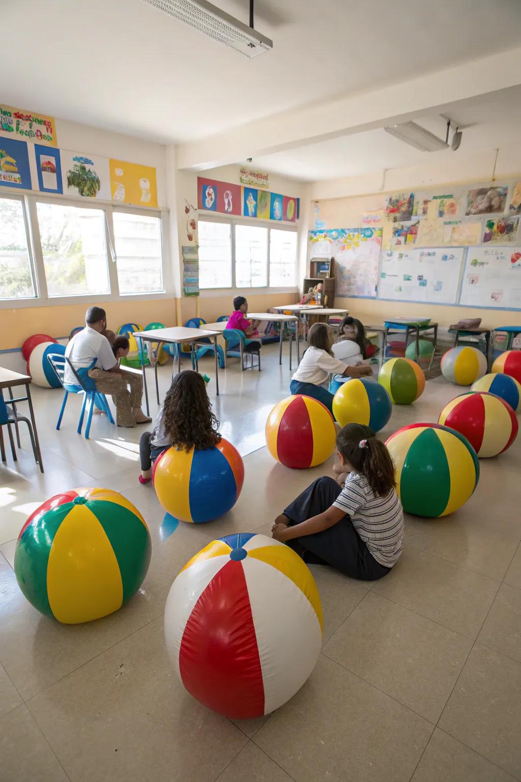 Engaging beach ball seating in a classroom, perfect for interactive learning sessions.