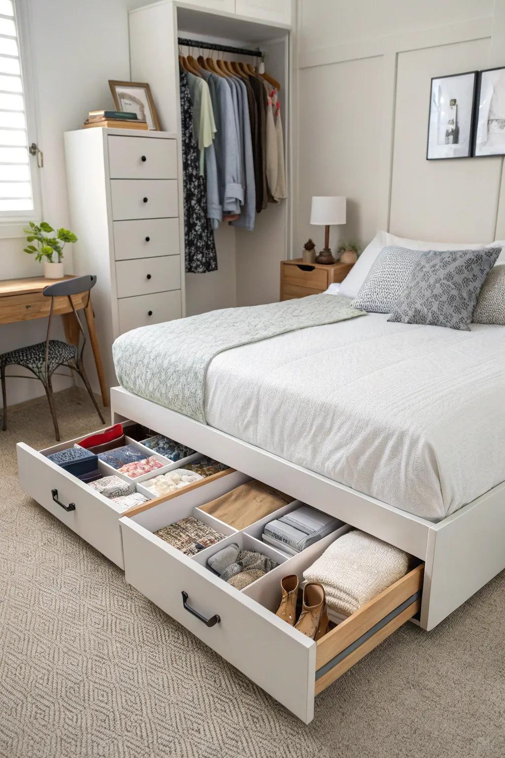 Under-bed storage drawers provide a tidy and stylish solution.