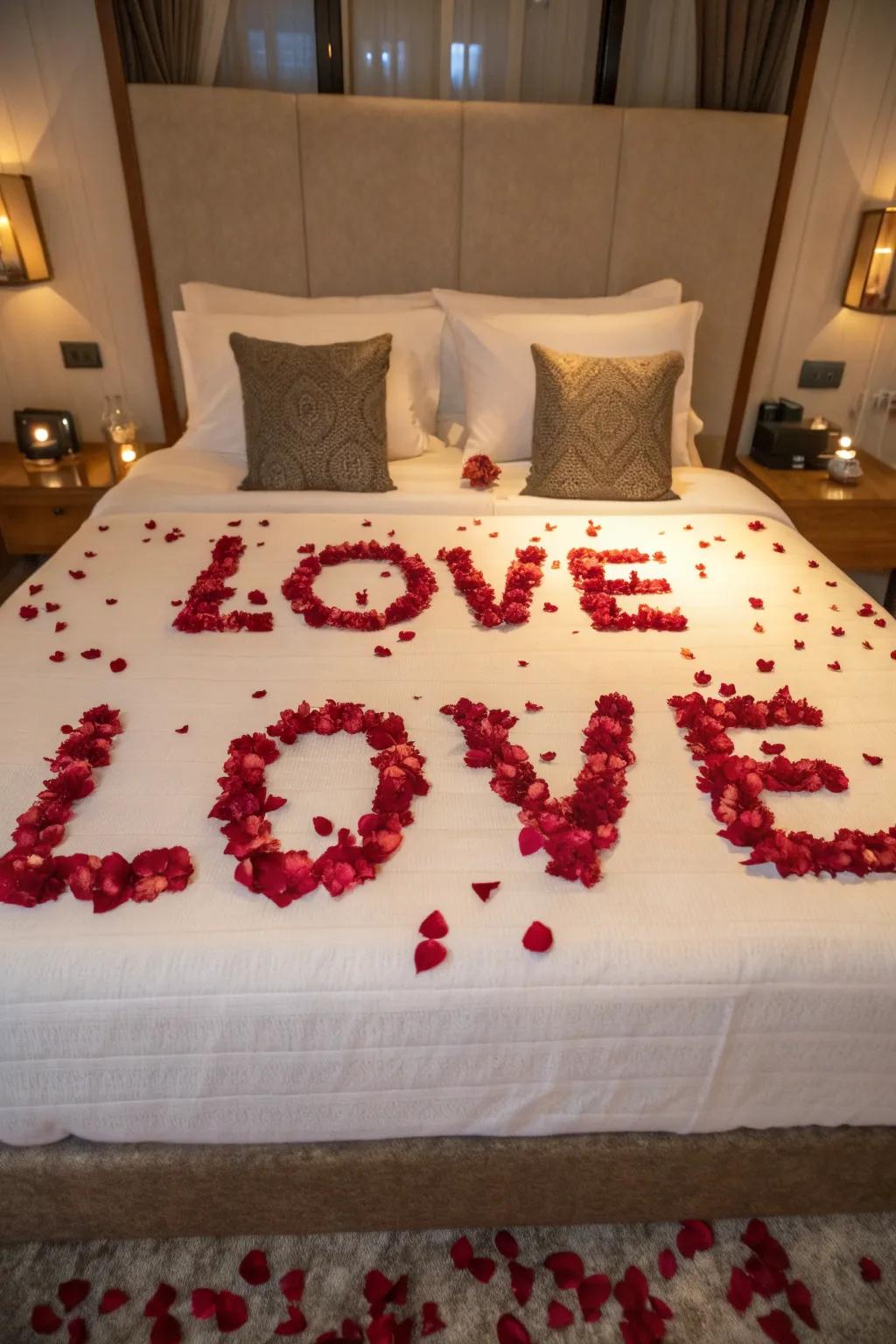 A heartfelt message spelled out with rose petals for a personalized surprise.