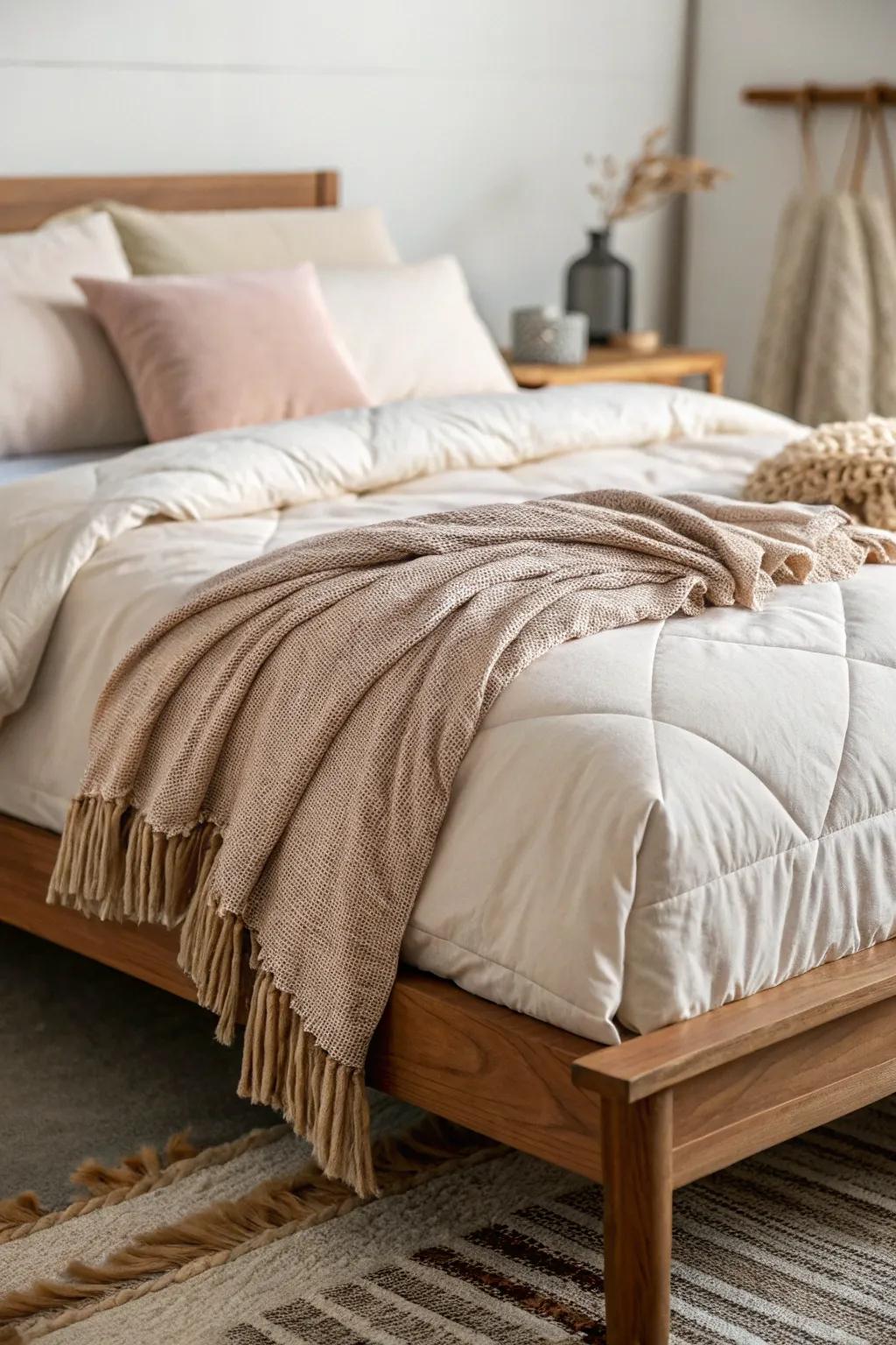 Layers of textiles create a visually rich and cozy bed.