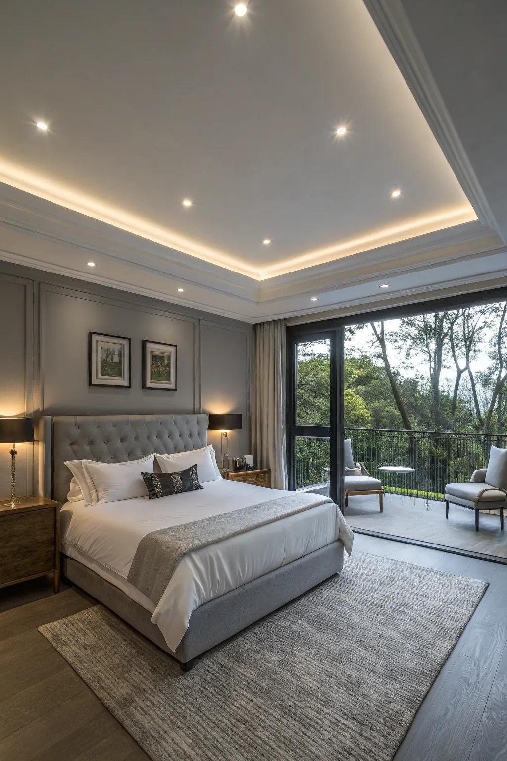 Recessed lights add a subtle touch to a modern bedroom.