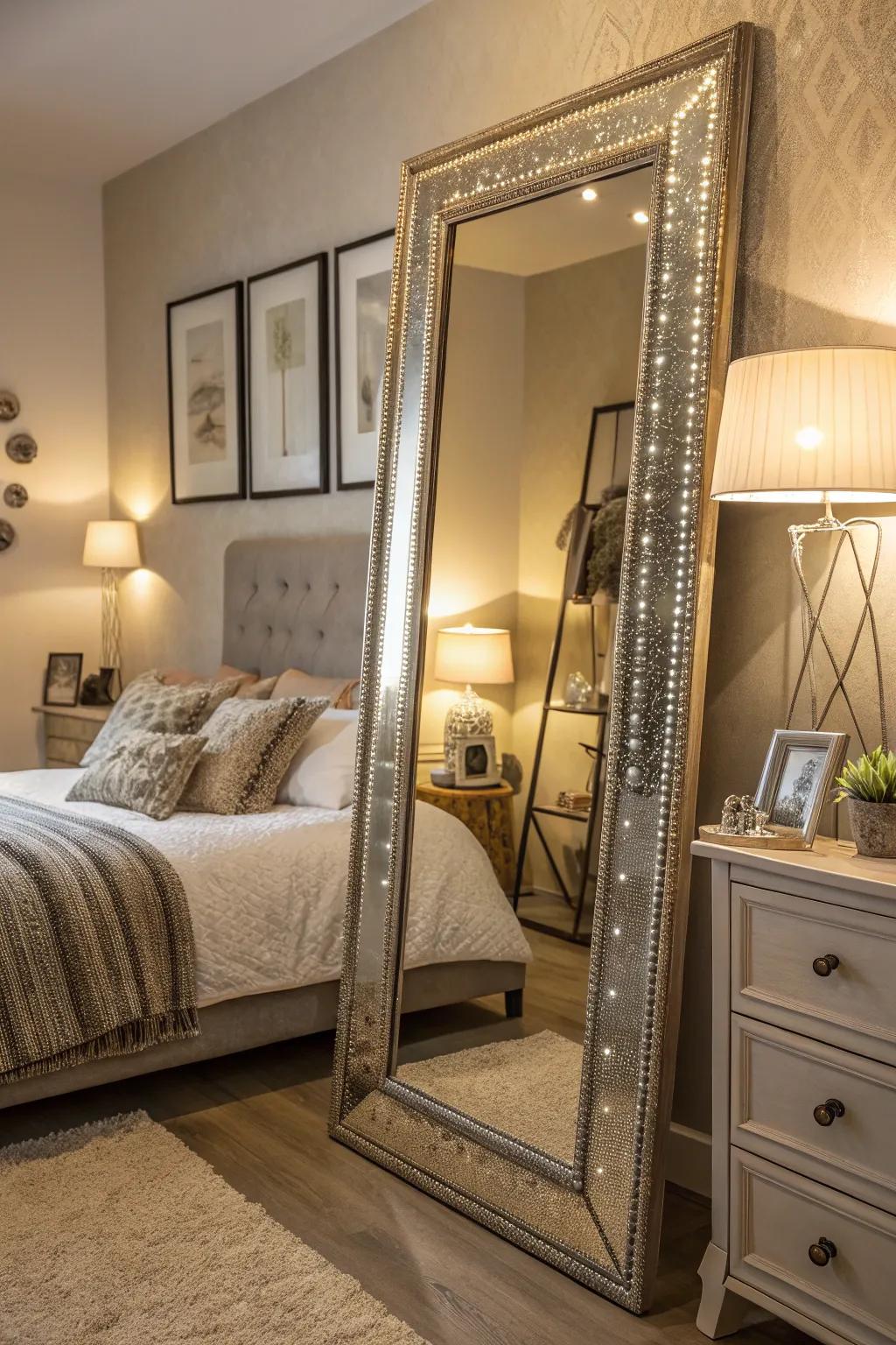 An ornate framed mirror adding elegance to a chic bedroom setting.