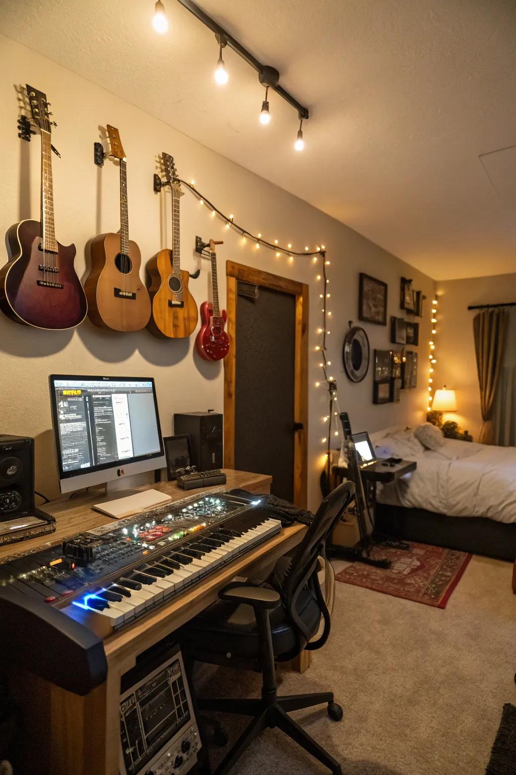 Wall-mounted instruments create both a practical and visually appealing music studio.