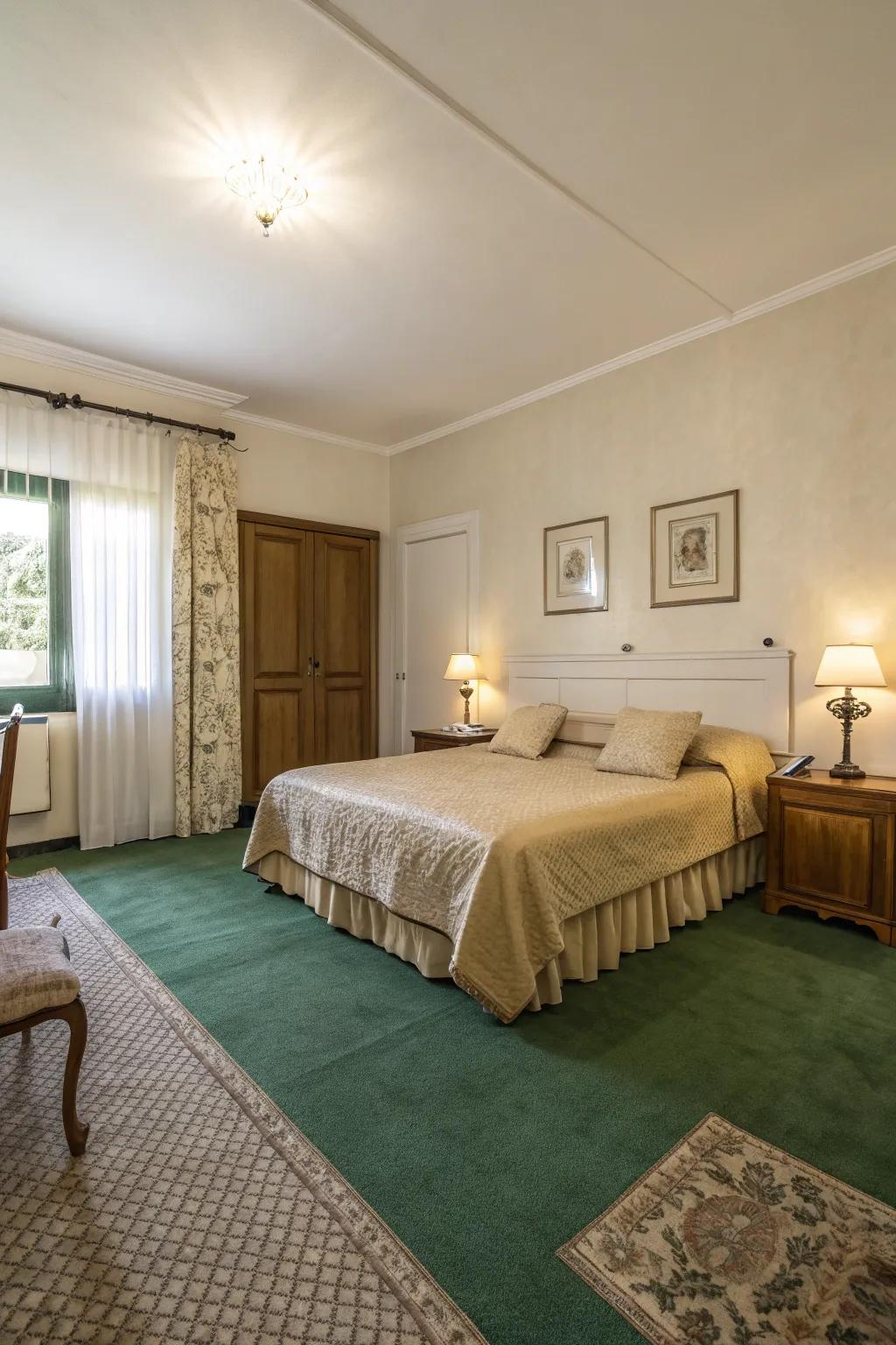 Neutral tones perfectly complement the striking green carpet in this tranquil bedroom.