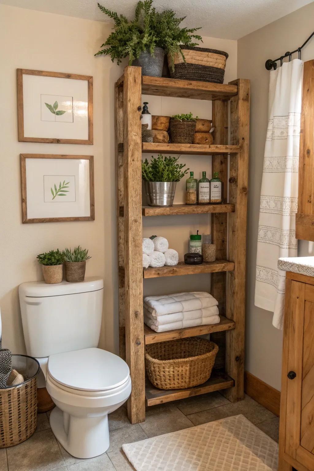 Wooden units infuse the bathroom with natural warmth and charm.