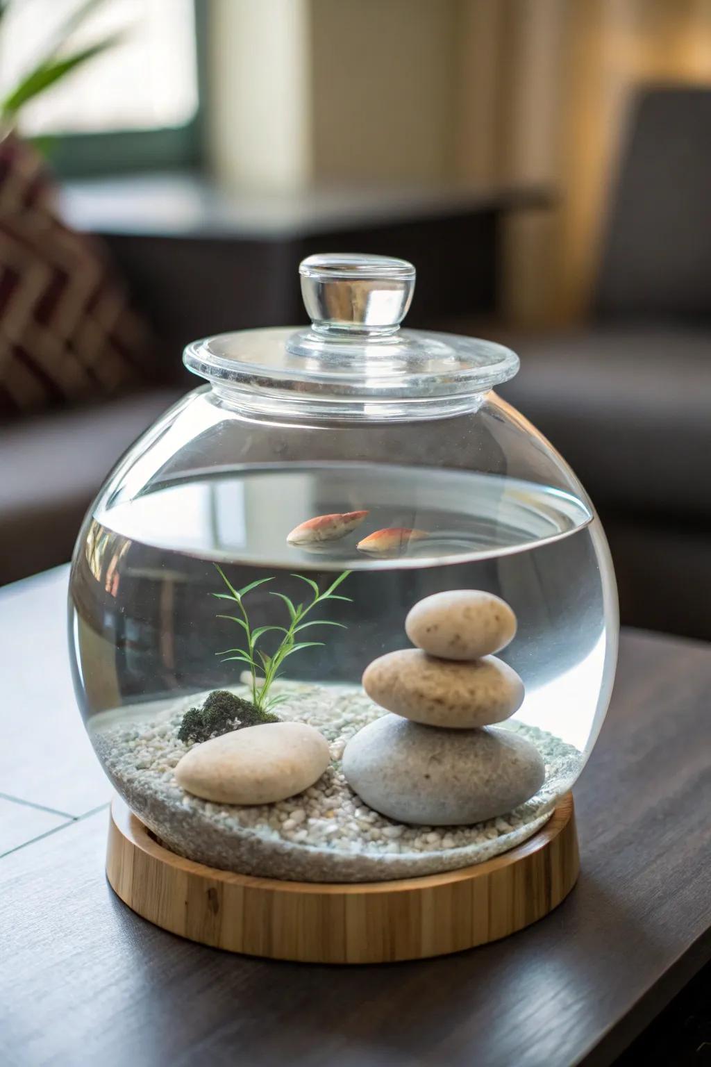 A Zen-inspired betta tank for a tranquil home atmosphere.