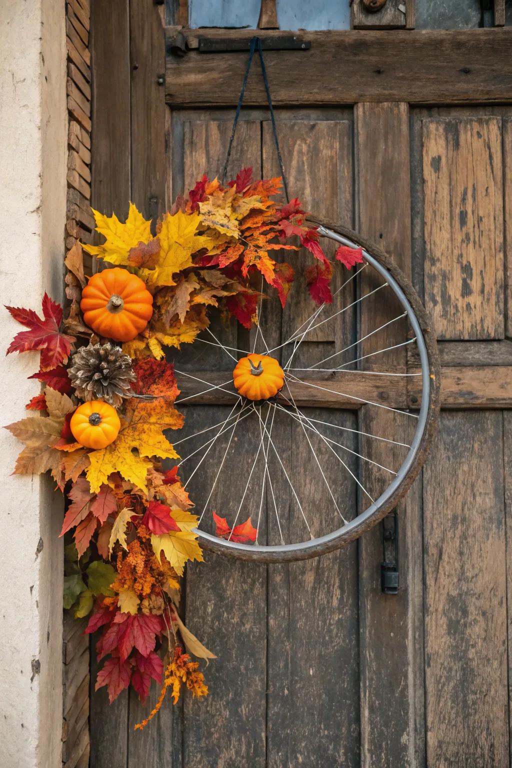 A seasonal bicycle wreath with autumn leaves and pumpkins, perfect for fall.