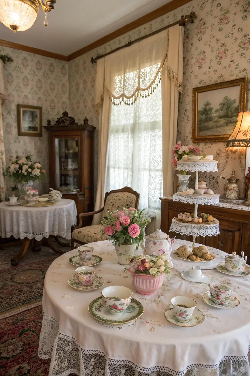 A vintage tea party setup with floral arrangements and antique tableware.