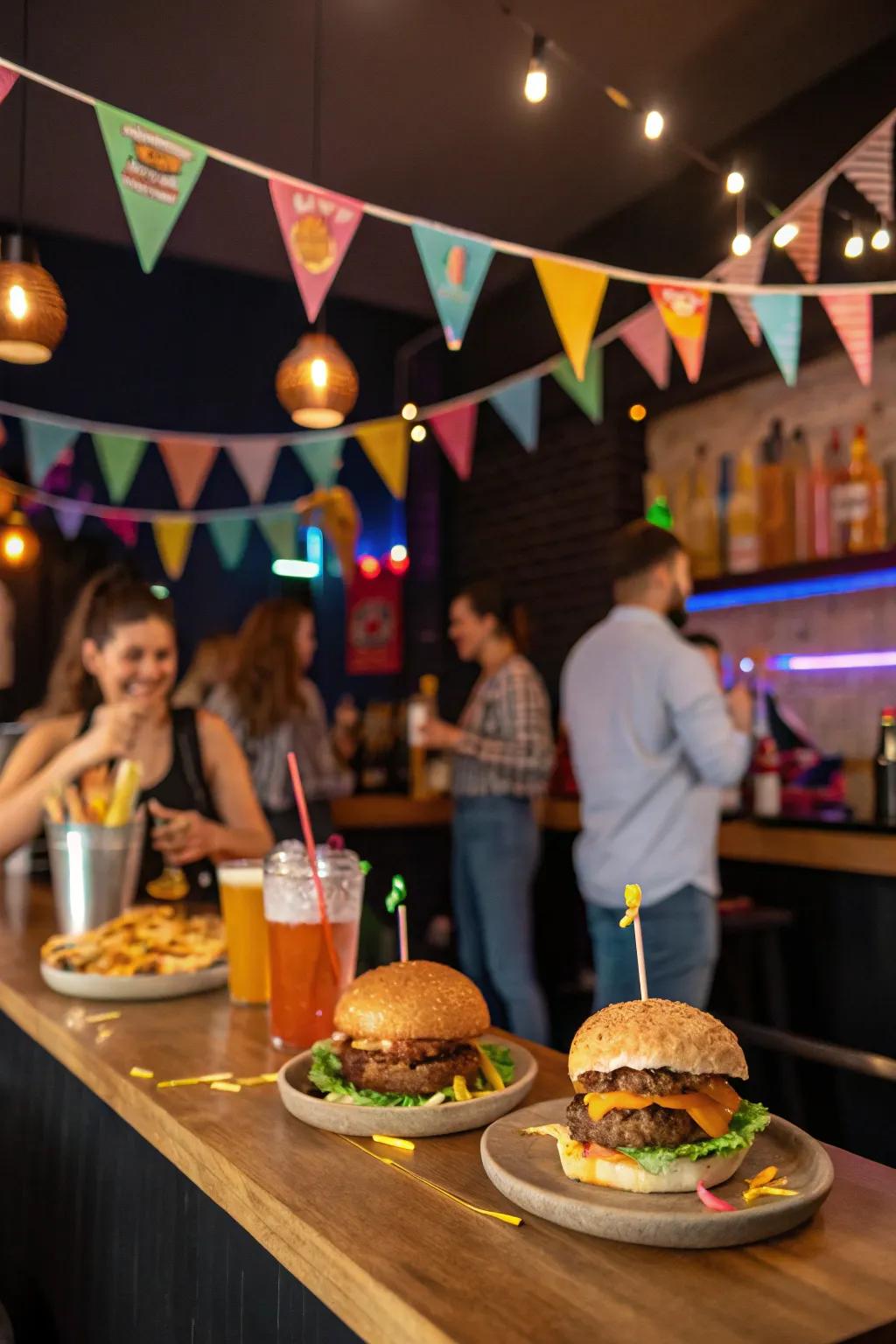 Themed decorations add a festive touch to any burger bar.