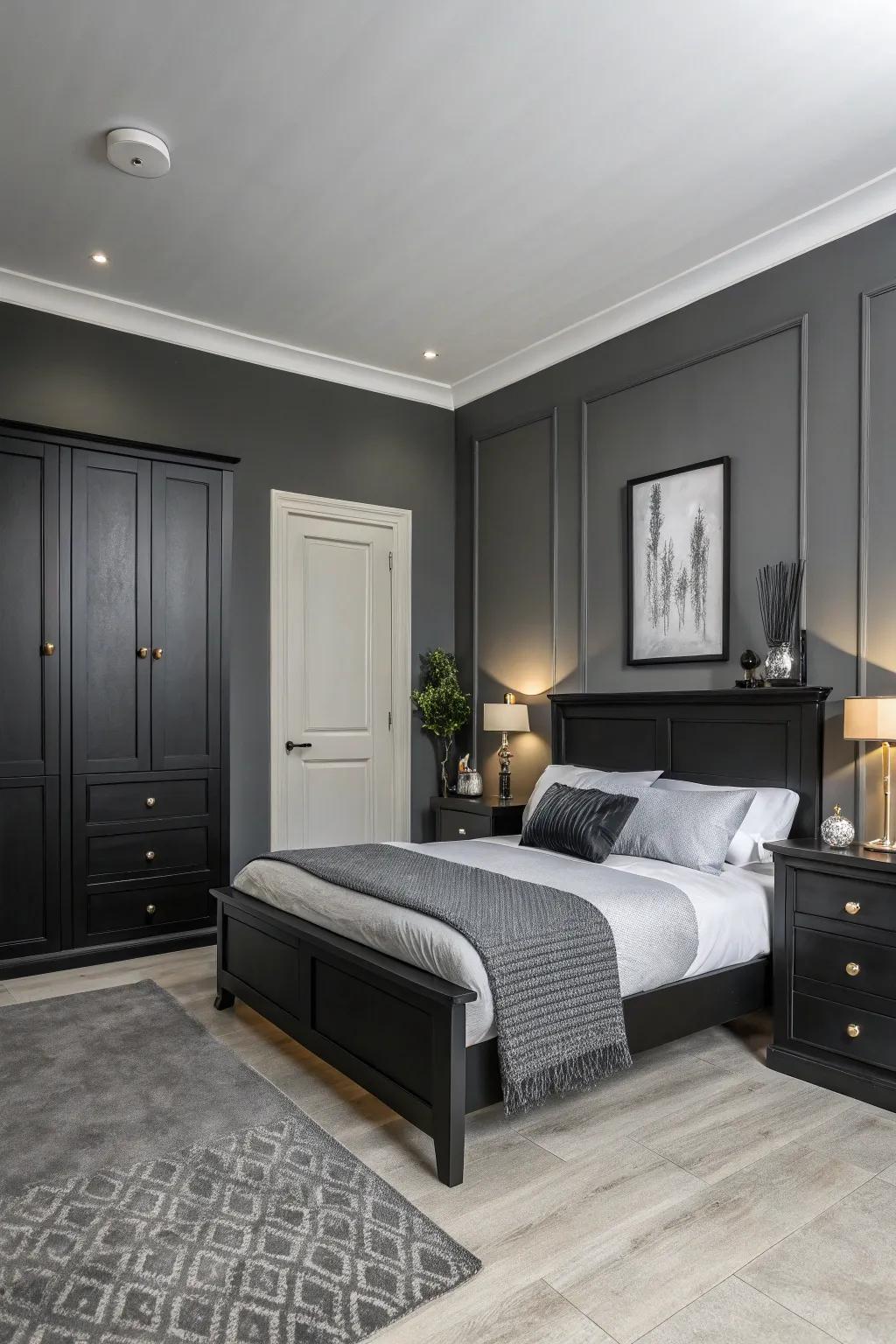 A bedroom with subtle grey walls and black furniture for a modern look.