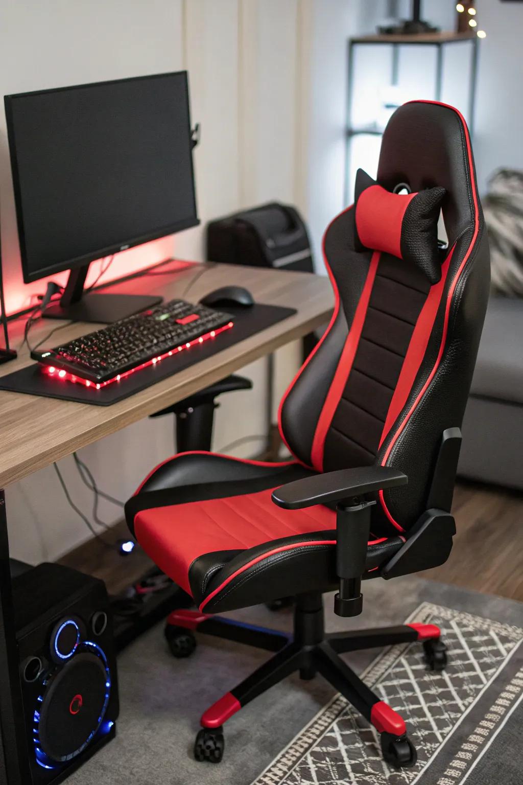 A sleek black and red ergonomic chair stands ready for action in a gaming setup.