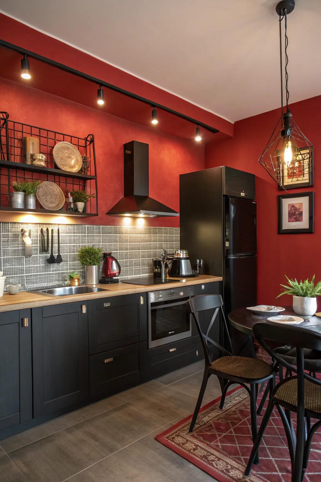 A red accent wall adds depth and warmth to a black and red kitchen.